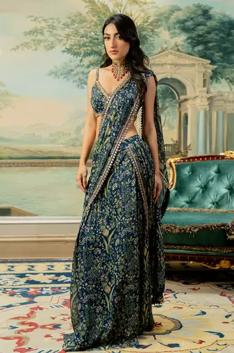 Navy Blue Printed Pre Stitch Saree Set