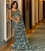 Geometric Floral Print Kowri Shell Blouse Sari Set