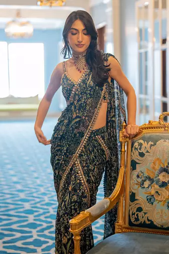 Navy Blue Printed Pre Stitch Saree Set