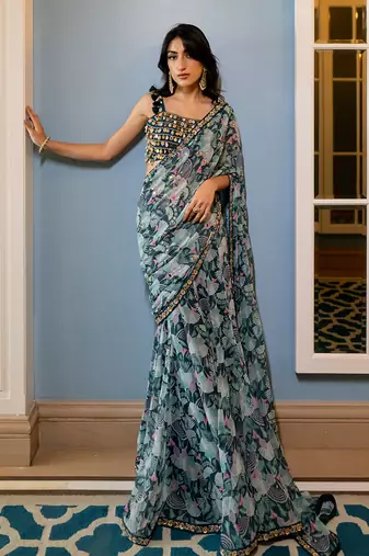 Geometric Floral Print Kowri Shell Blouse Sari Set