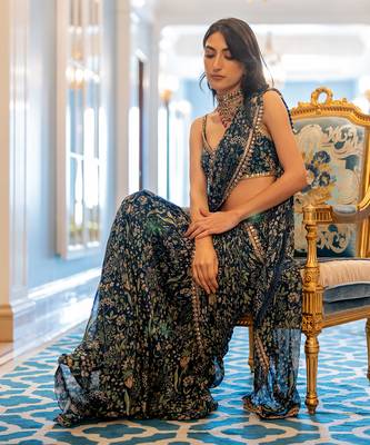 Navy Blue Printed Pre Stitch Saree Set 5