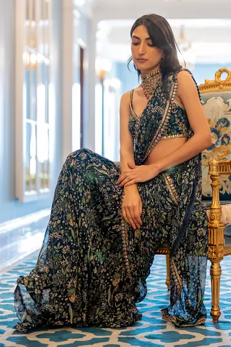 Navy Blue Printed Pre Stitch Saree Set