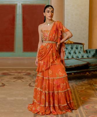 Rust Orange Floral Printed Chiffon Saree Set 1