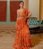 Rust Orange Floral Printed Chiffon Saree Set