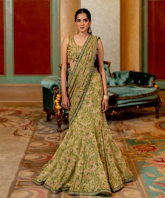 Sage Green Wild Floral Printed Saree Set 1