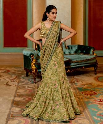 Sage Green Wild Floral Printed Saree Set 2