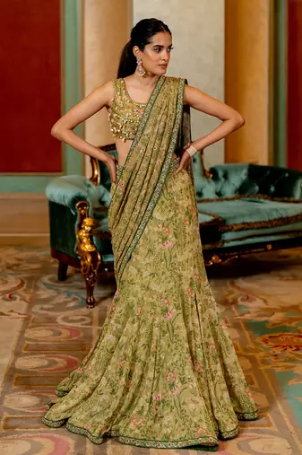 Sage Green Wild Floral Printed Saree Set