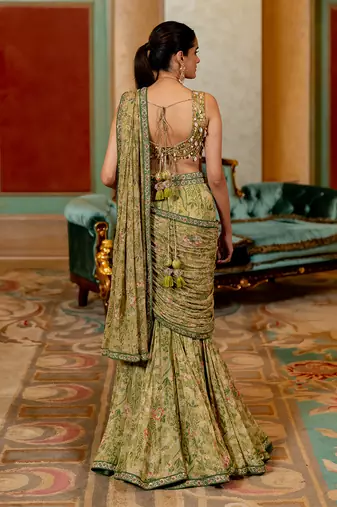 Sage Green Wild Floral Printed Saree Set