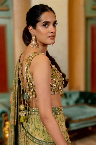 Sage Green Wild Floral Printed Saree Set