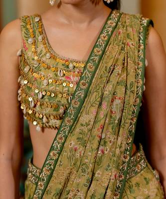 Sage Green Wild Floral Printed Saree Set 5
