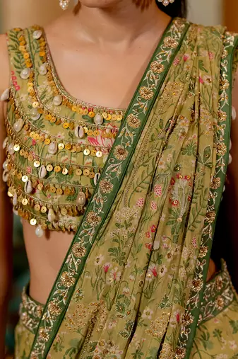 Sage Green Wild Floral Printed Saree Set