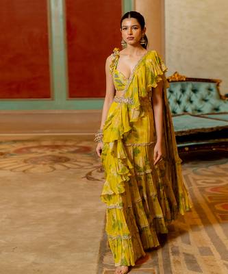 Lime Yellow Floral Printed Chiffon Saree Set 1