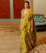 Lime Yellow Floral Printed Chiffon Saree Set