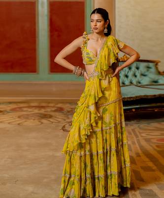 Lime Yellow Floral Printed Chiffon Saree Set 2