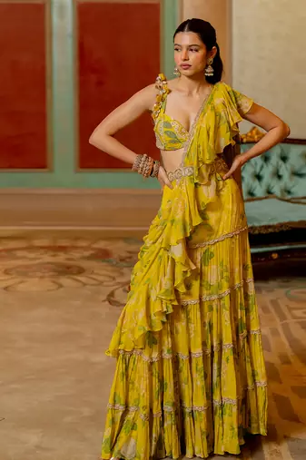 Lime Yellow Floral Printed Chiffon Saree Set