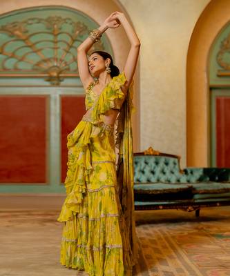 Lime Yellow Floral Printed Chiffon Saree Set 3