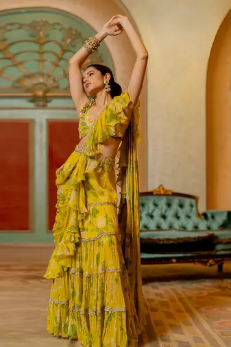 Lime Yellow Floral Printed Chiffon Saree Set