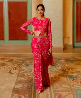 Pink Floral Printed Pre Draped Saree Set 1