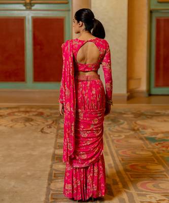 Pink Floral Printed Pre Draped Saree Set 2