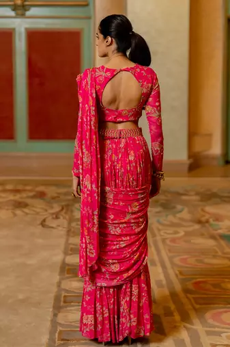 Pink Floral Printed Pre Draped Saree Set