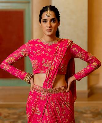 Pink Floral Printed Pre Draped Saree Set 3