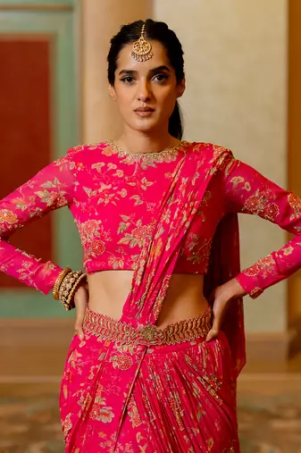 Pink Floral Printed Pre Draped Saree Set