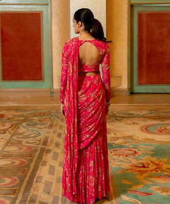 Pink Floral Printed Pre Draped Saree Set 4