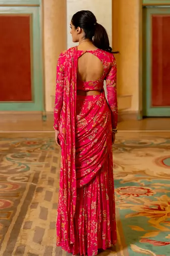 Pink Floral Printed Pre Draped Saree Set