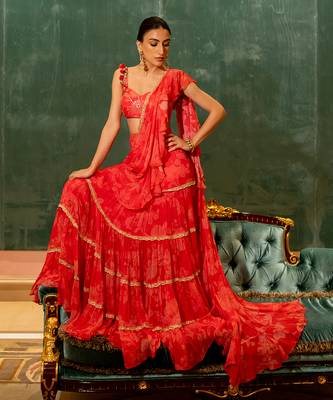 Cherry Red Mono Tone Printed Sare Set 1