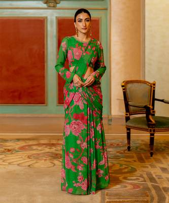 Green And Pink Floral Printed Pre Draped Saree Set 1
