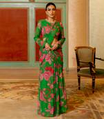 Green And Pink Floral Printed Pre Draped Saree Set