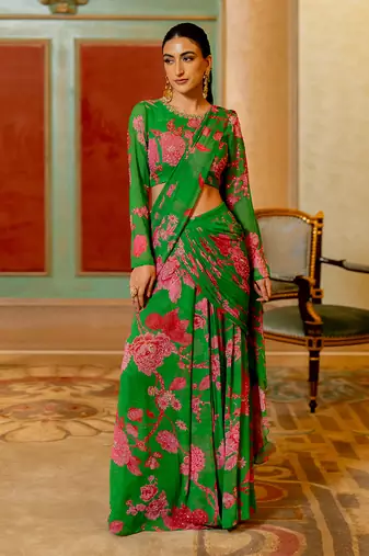 Green And Pink Floral Printed Pre Draped Saree Set