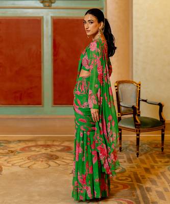 Green And Pink Floral Printed Pre Draped Saree Set 3