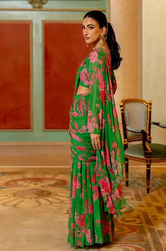 Green And Pink Floral Printed Pre Draped Saree Set