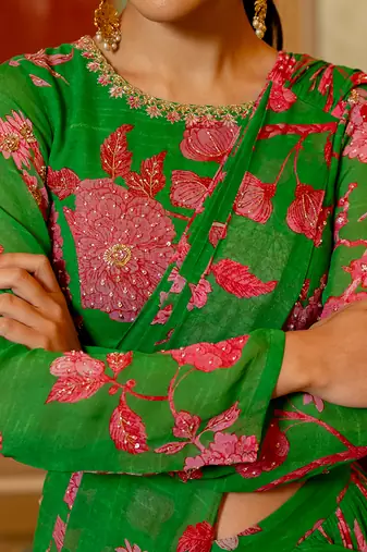 Green And Pink Floral Printed Pre Draped Saree Set