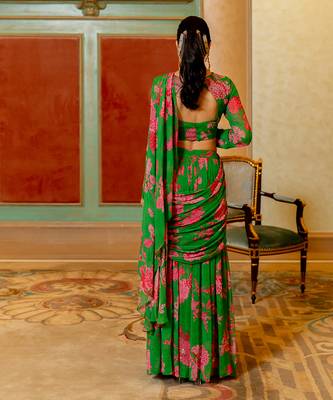Green And Pink Floral Printed Pre Draped Saree Set 5