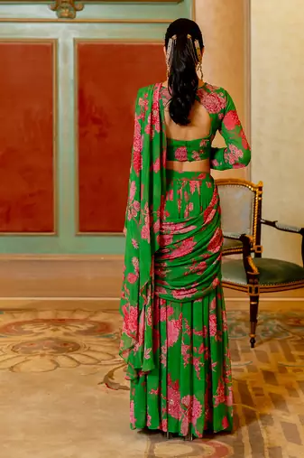 Green And Pink Floral Printed Pre Draped Saree Set
