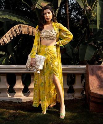 Women's Yellow Crepe Floral Printed Jacket Set 1