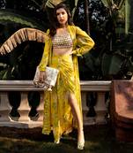 Women's Yellow Crepe Floral Printed Jacket Set