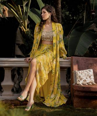 Women's Yellow Crepe Floral Printed Jacket Set 2