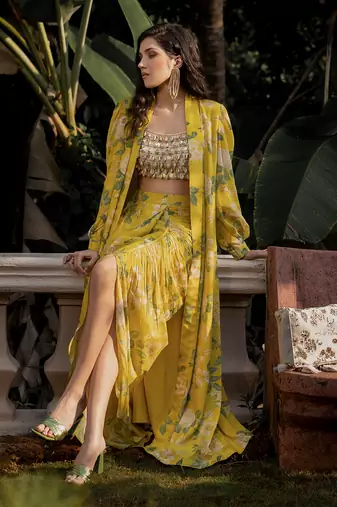Women's Yellow Crepe Floral Printed Jacket Set