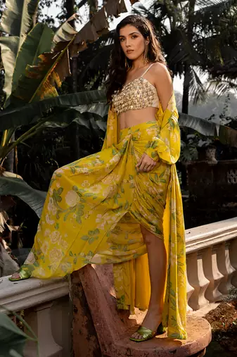 Women's Yellow Crepe Floral Printed Jacket Set
