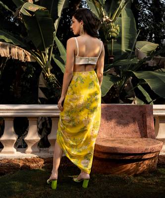Women's Yellow Crepe Floral Printed Jacket Set 5
