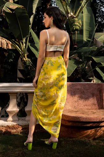 Women's Yellow Crepe Floral Printed Jacket Set