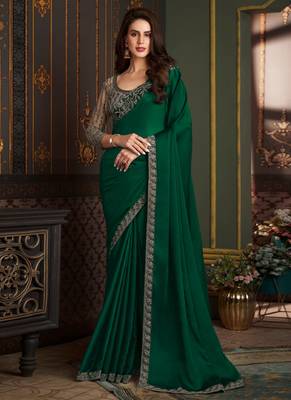 Dark green satin silk chiffon saree 1