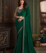 Dark green satin silk chiffon saree