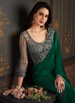 Dark green satin silk chiffon saree 2