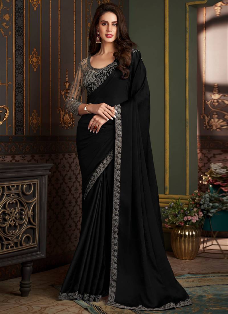 Black satin silk chiffon saree