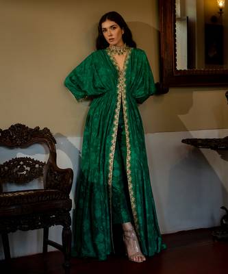 Emerald green woven kaftan set 1