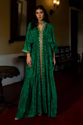 Emerald green woven kaftan set